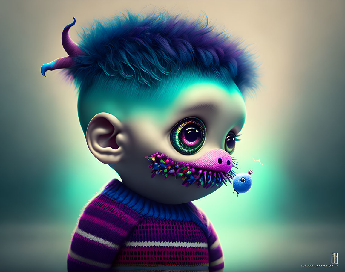 Colorful digital artwork of stylized character with large eyes, blue hair, and striped sweater gazing