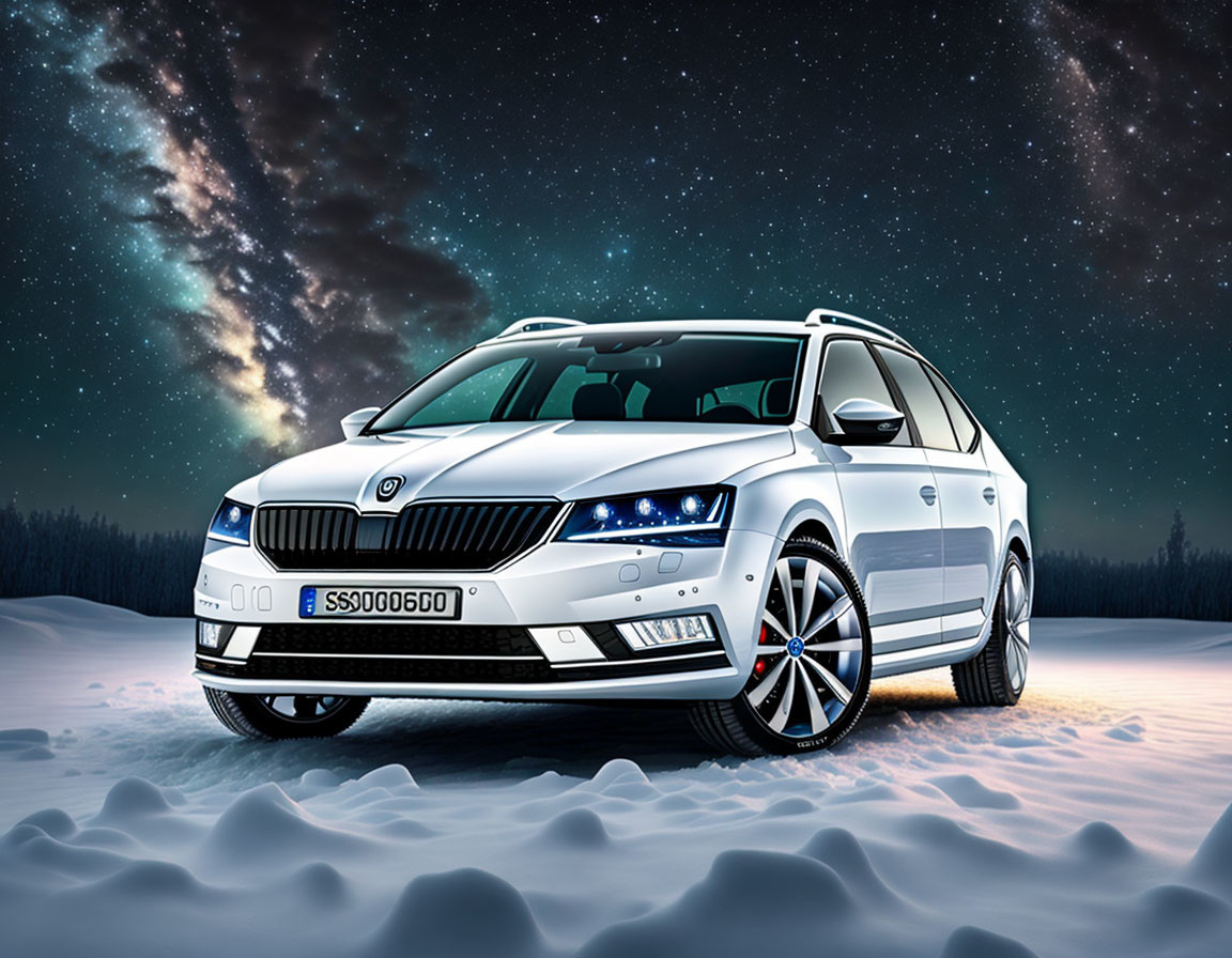 White Skoda Car Parked on Snowy Landscape at Night with Milky Way Galaxy