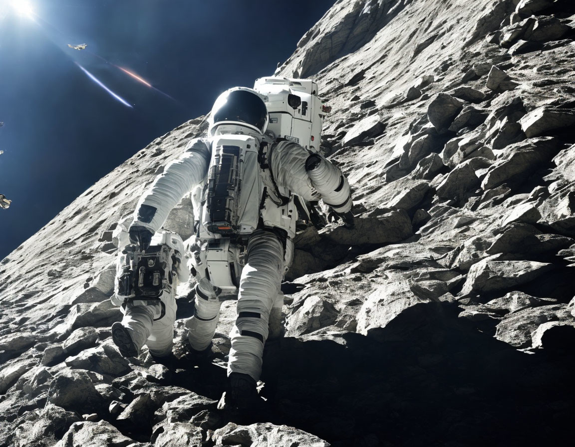 Astronaut on rocky lunar surface with Earth backdrop