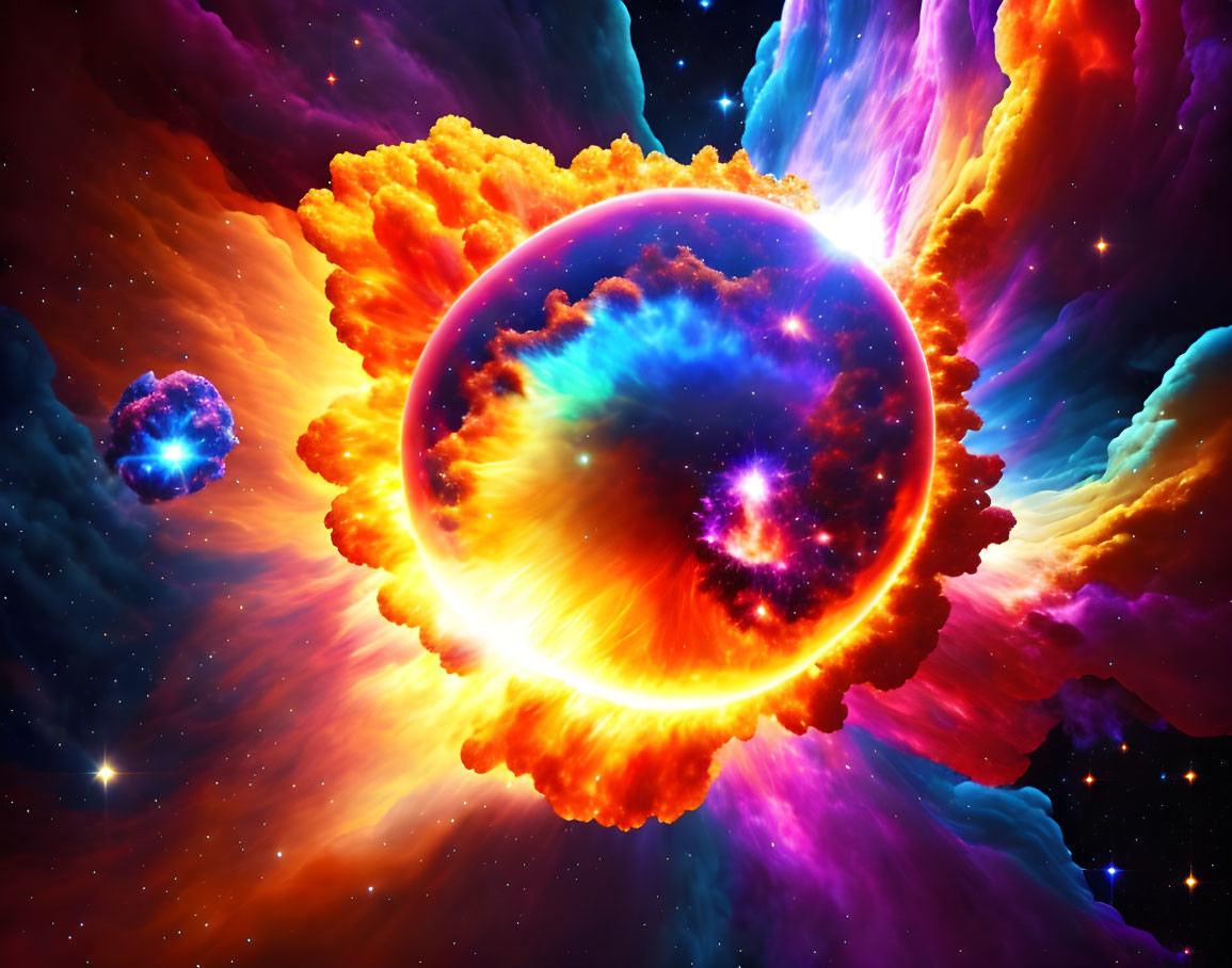 Colorful Nebula Clouds and Glowing Fiery Sphere in Deep Space