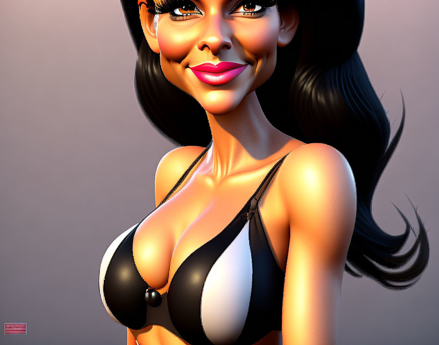 Stylized female character in black and white bikini top