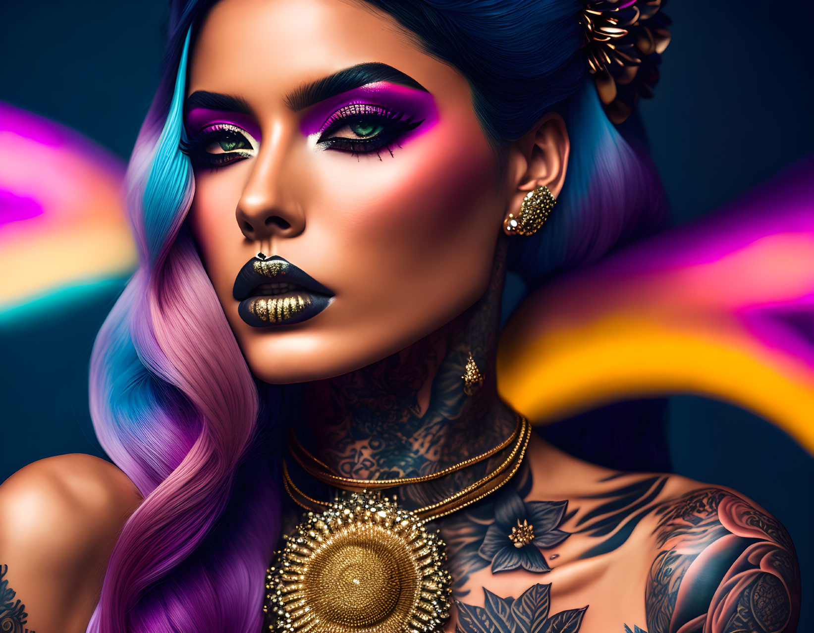 Colorful Woman with Pastel Hair, Bold Makeup, Tattoos, and Jewelry