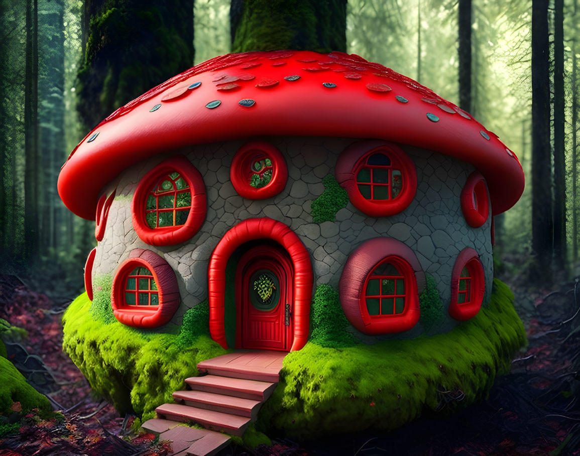 Whimsical red mushroom house in mystical green forest