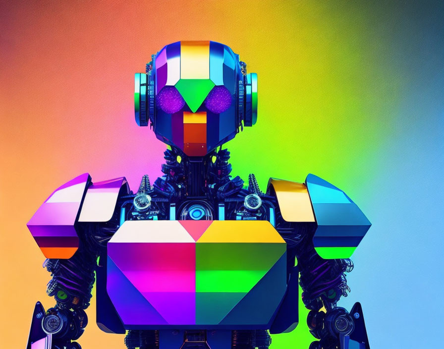 Colorful Robotic Figure with Headphones on Checkerboard Background