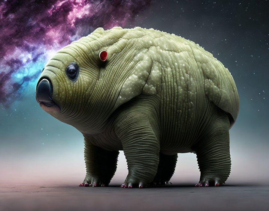 Chubby green bear creature with intricate skin textures in front of swirling purple nebula