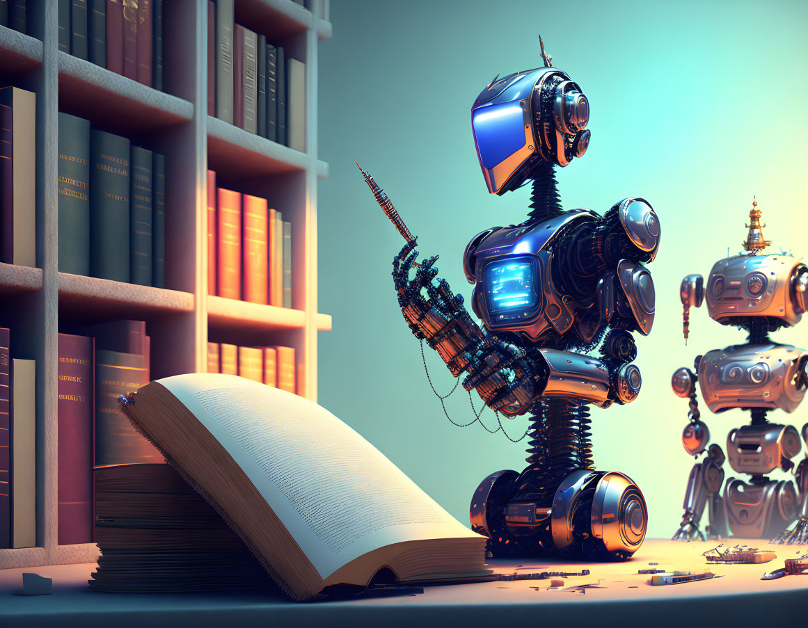 Whimsical robot with TV head reading book near shelf and another robot in background