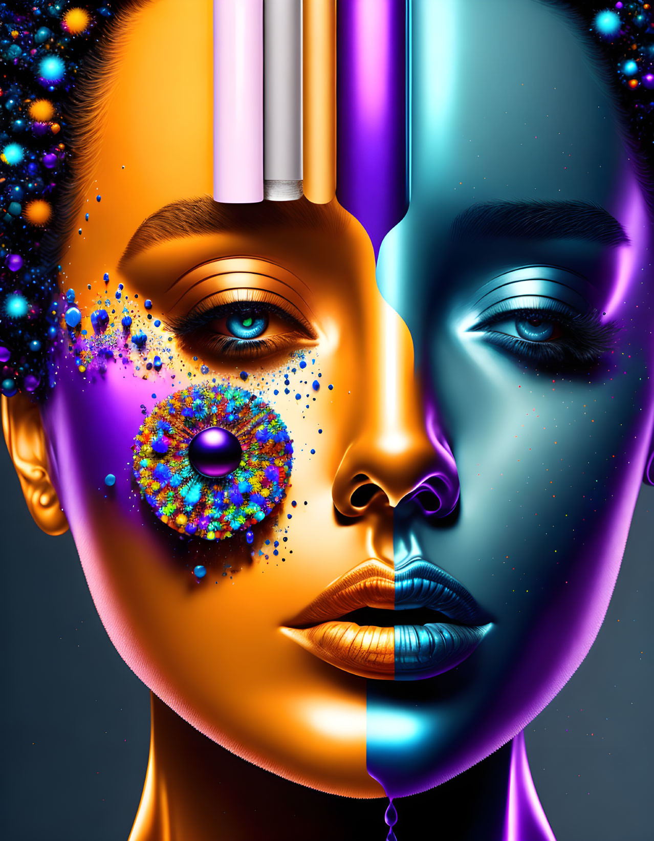 Colorful digital artwork: Symmetrical faces in four quadrants