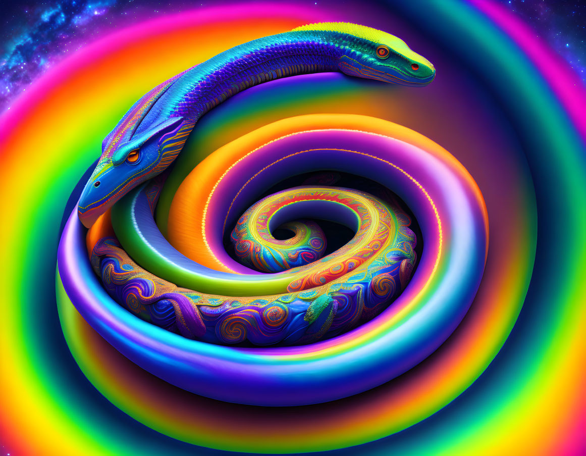 Colorful Serpents Entwined in Spiral on Psychedelic Background