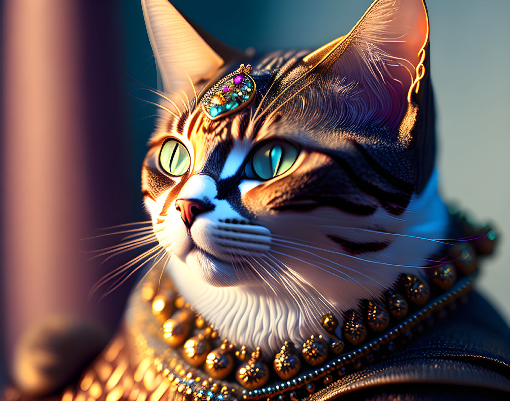 Regal cat digital artwork with green eyes and jeweled crown