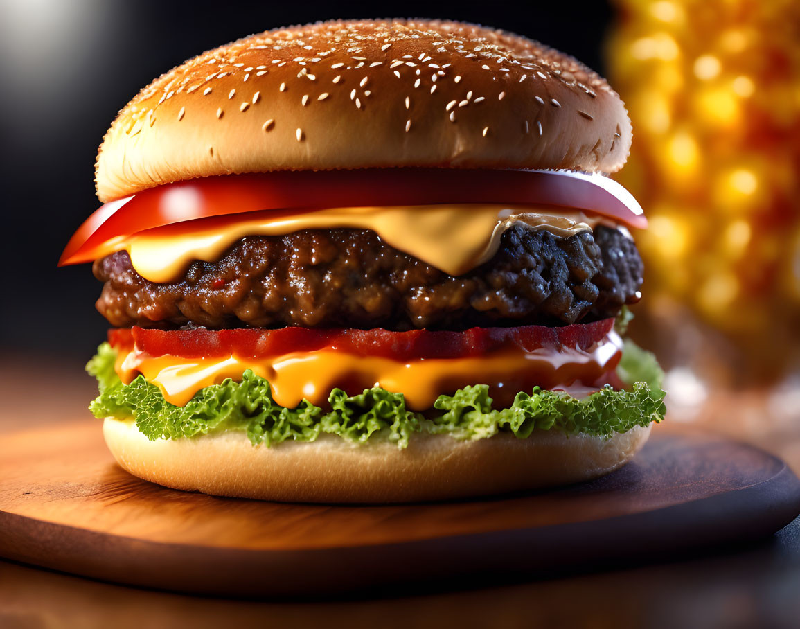 Classic Cheeseburger with Lettuce, Tomato, Sauce on Sesame Seed Bun