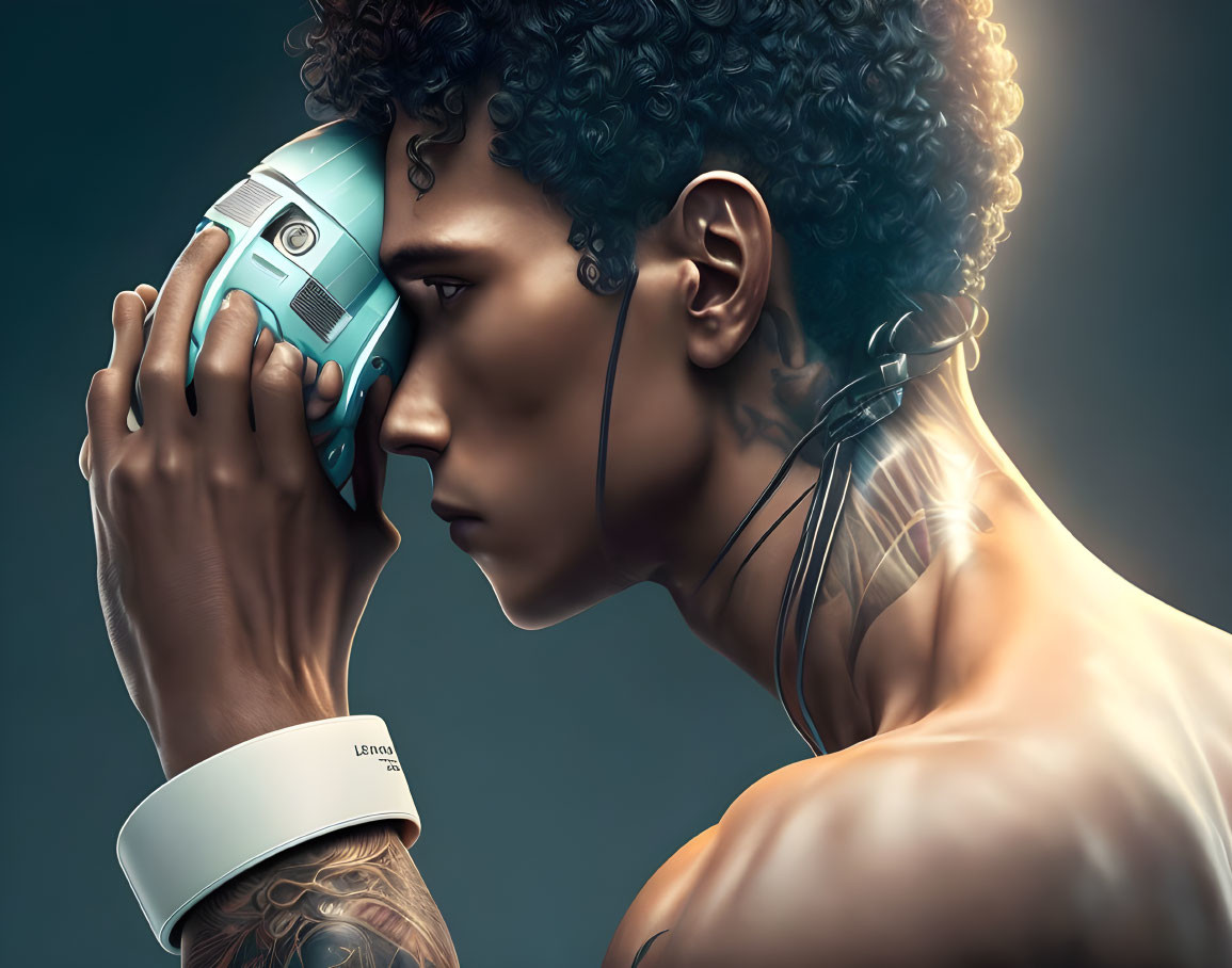 Cybernetically enhanced person with tattoos using electronic device