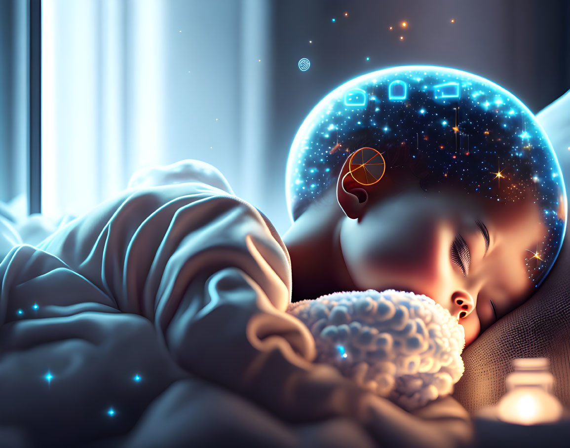 Child Sleeping Under Glowing Cosmic Dreamscape with Stars and Planets