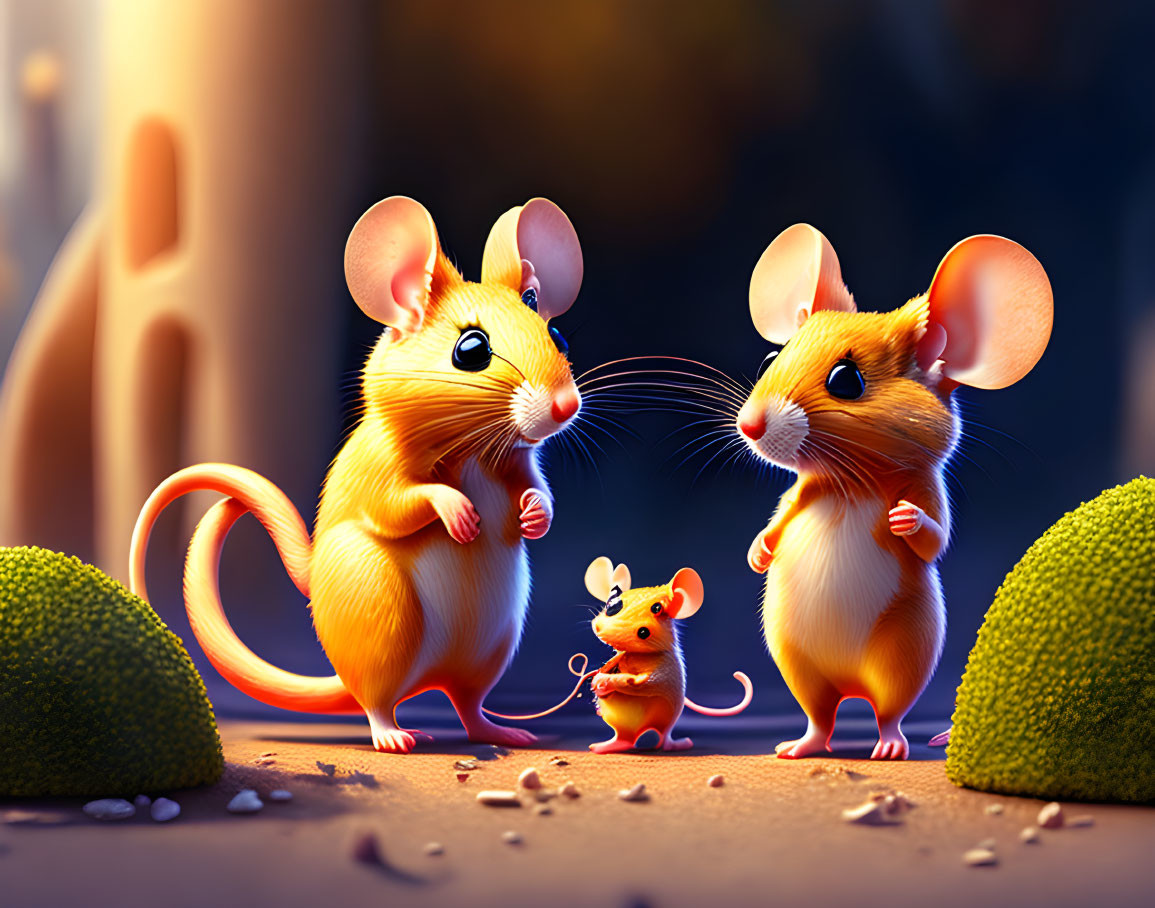 Three Cartoon Mice in Whimsical Setting with Oversized Greenery