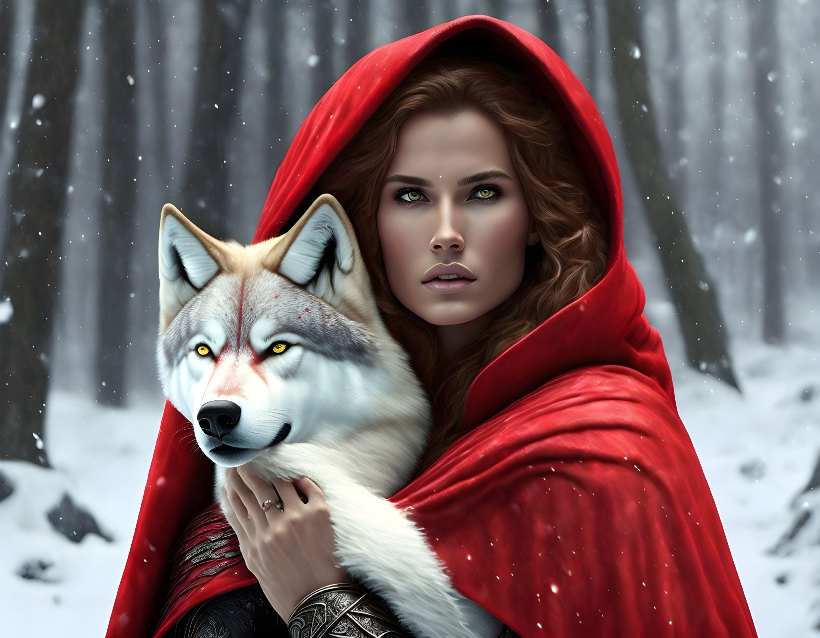 Woman with striking eyes in red hooded cloak holding wolf in snowy forest