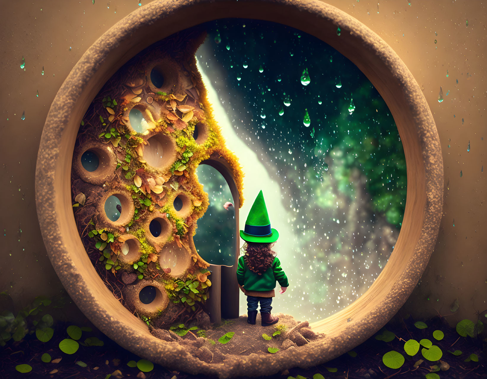 Gnome in circular doorway under starry sky and enchanted tree