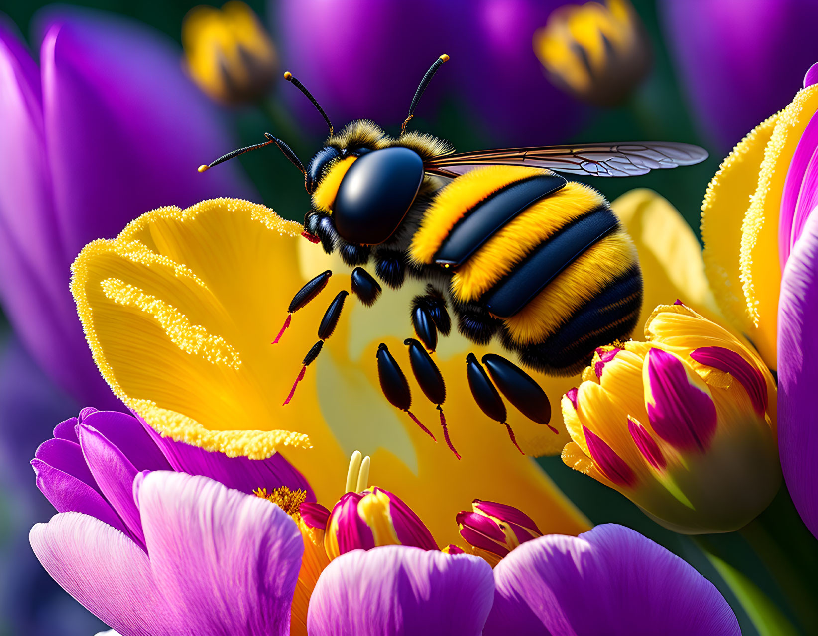Colorful Bee Pollinating Yellow Tulip with Purple Flowers