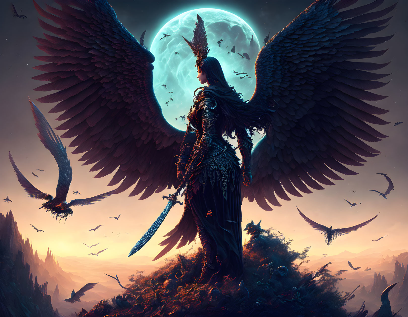 Winged fantasy warrior with sword under full moon