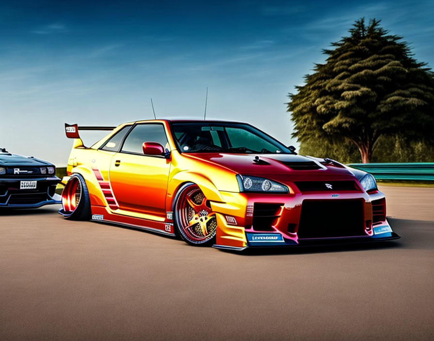 Custom sports car with red to yellow gradient paint and rear spoiler parked near racetrack