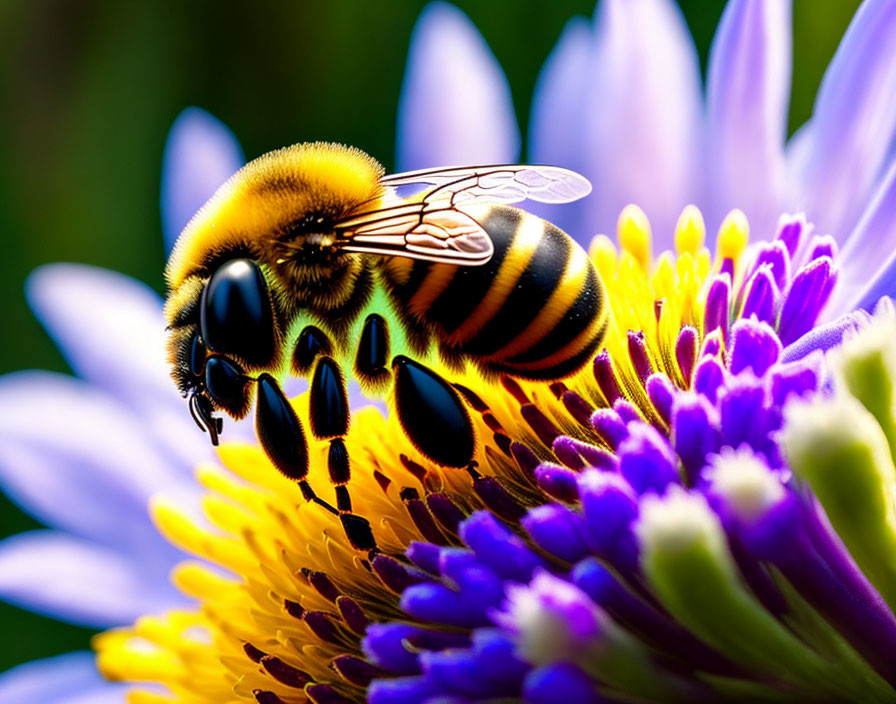 Bee collecting nectar from purple and yellow flower