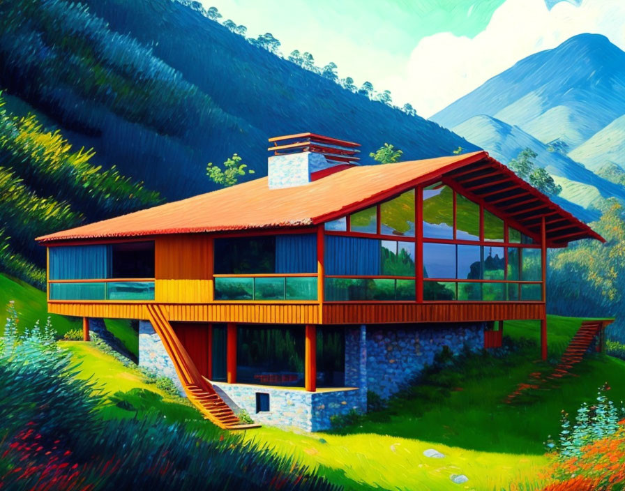 Modern house painting with glass windows in mountain landscape