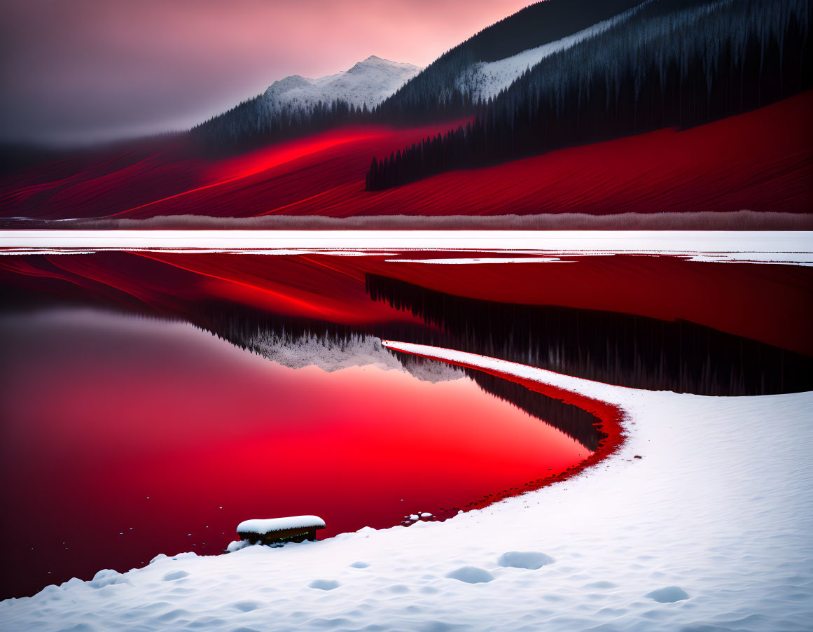 Scenic landscape with red-tinted lake, snowy foreground, and mountain backdrop