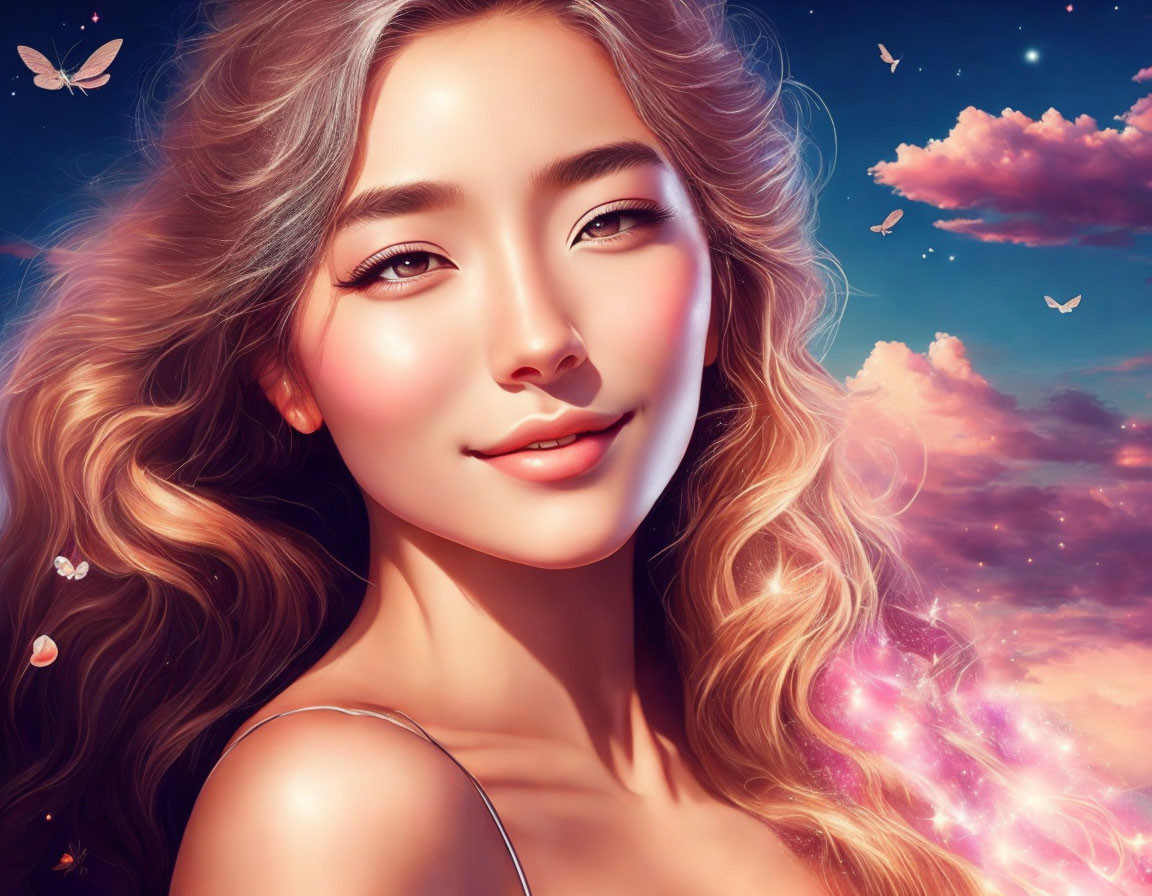 Digital Artwork: Smiling Woman with Butterflies in Dreamy Sky