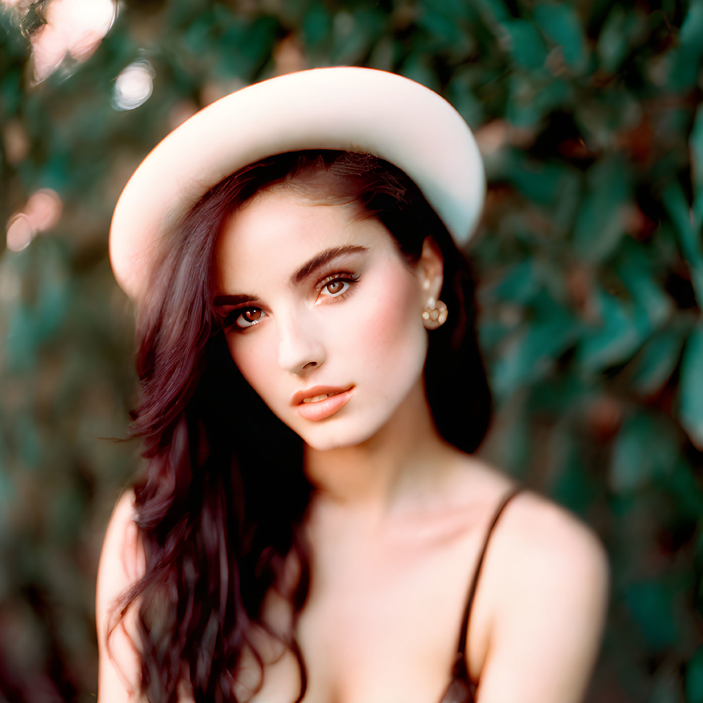 Dark-haired woman in white hat against green foliage