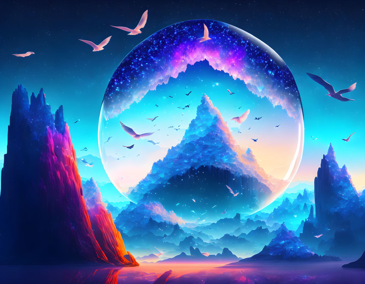 Luminous sphere in fantastical landscape with mountain and neon skies