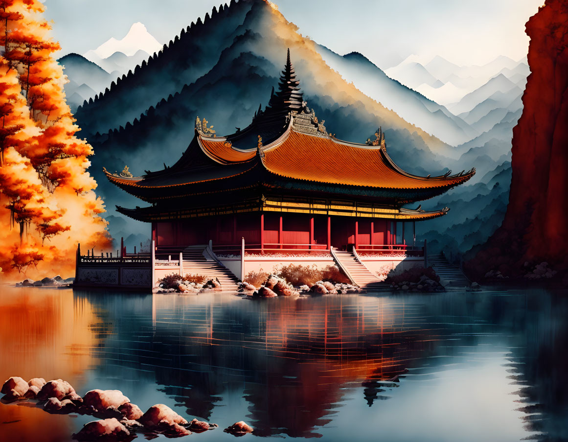 Traditional East Asian Pagoda Surrounded by Autumn Landscape