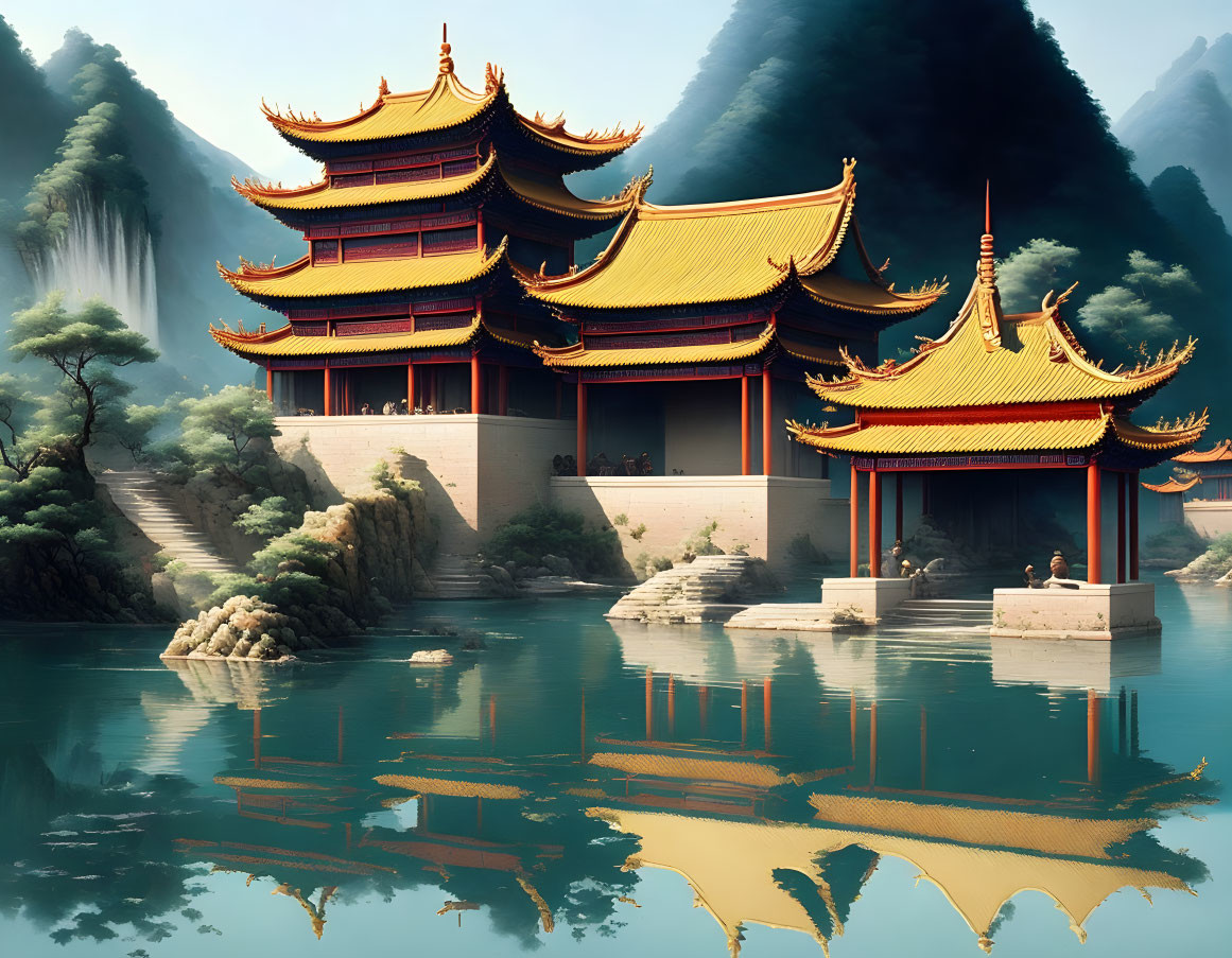 Asian-style Palatial Buildings by Tranquil Lake and Waterfall