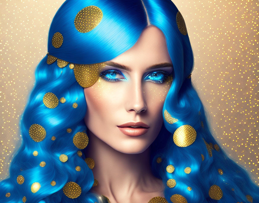 Vibrant blue hair woman with gold accents on sparkling golden background