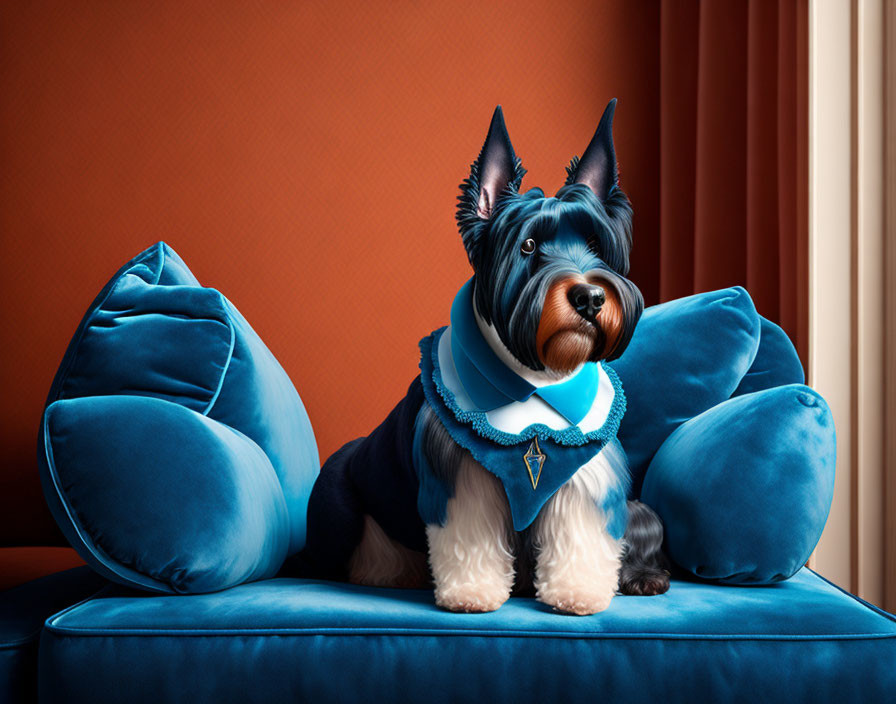 Yorkshire Terrier on Blue Sofa with Stylish Neckerchief