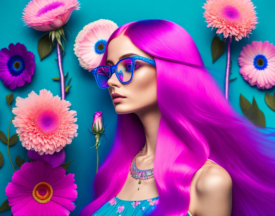 Vibrant pink hair woman with glasses in colorful flower setting on turquoise backdrop