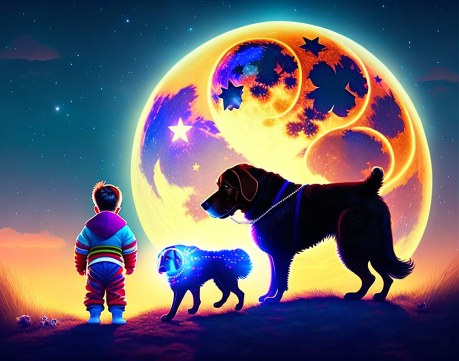 Child and Two Dogs Under Starry Sky with Glowing Moon and Animal Silhouettes