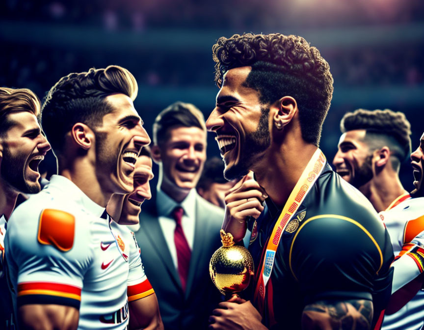 Animated soccer players celebrate with trophy in stadium