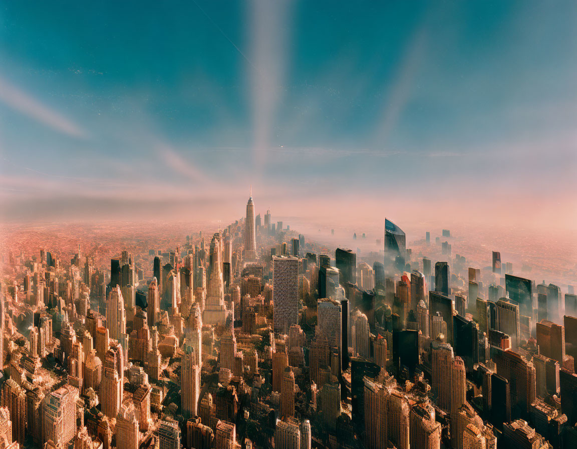 City skyline panorama with warm light, skyscrapers, and dramatic sky.