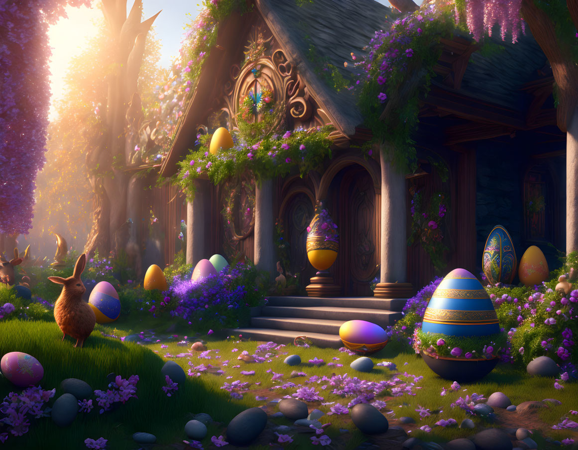 Forest Cottage Easter Egg Hunt with Bunny and Blooming Flowers