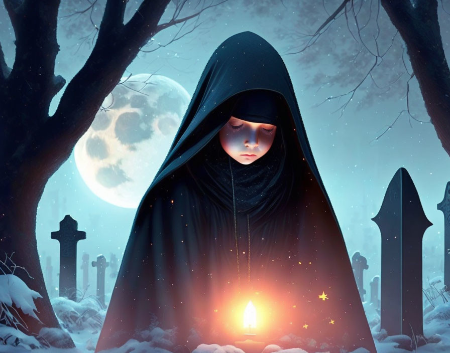 Cloaked figure with candle in snowy graveyard under full moon