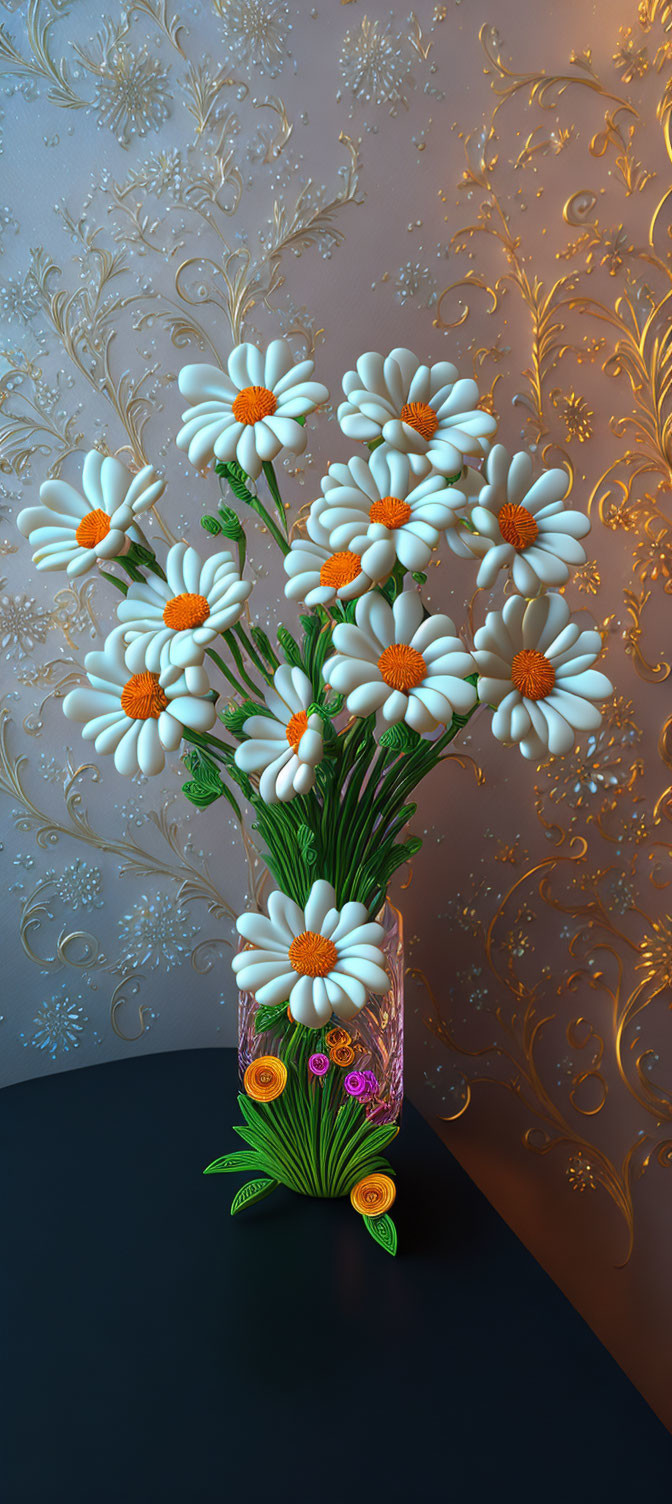 3D-rendered bouquet of stylized daisies in clear vase on golden backdrop