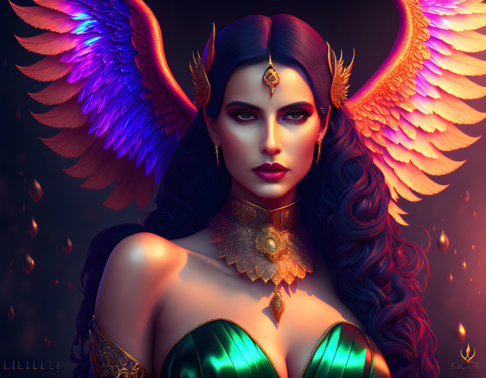 Fantasy digital art: Dark-haired woman with multicolored wings & gold headdress