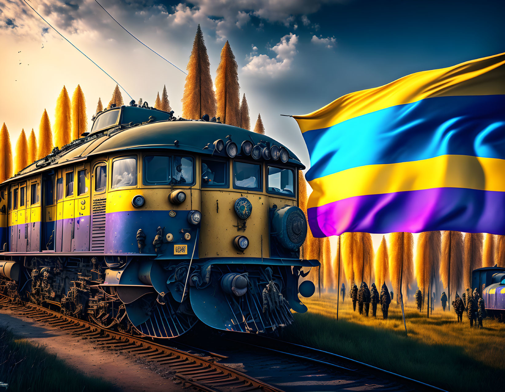 Vintage train on track with large Ukrainian flag in autumnal setting