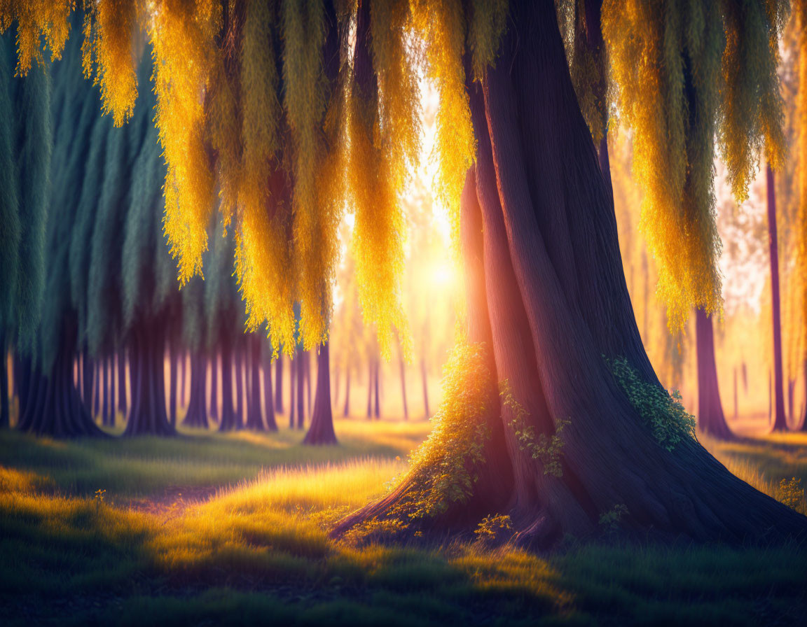 Serene forest scene with willow trees and sunlight glow