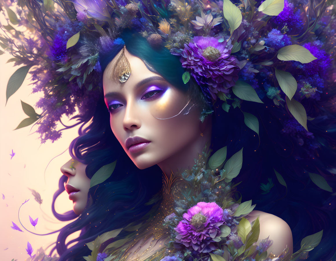 Surreal portrait of woman with purple flowers and vibrant makeup