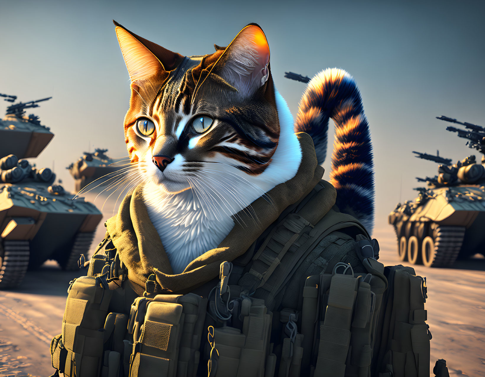 Anthropomorphic Cat in Military Gear with Tanks in Dusky Sky