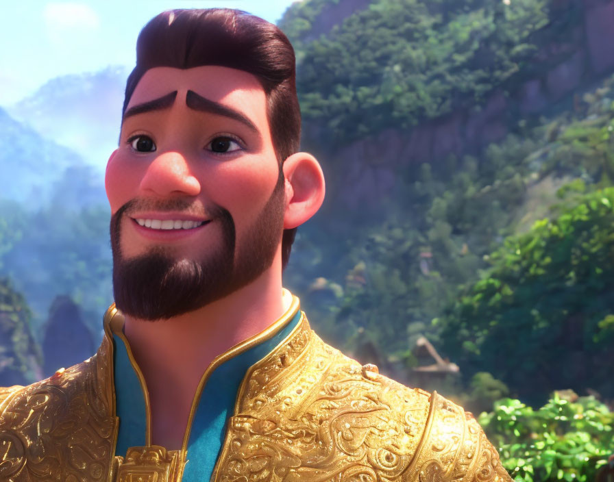 Smiling animated character with neat beard in golden embroidered outfit against mountain backdrop