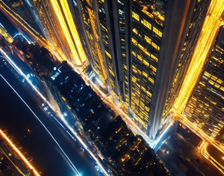 Cityscape at Night: Illuminated Skyscrapers & Streaking Lights