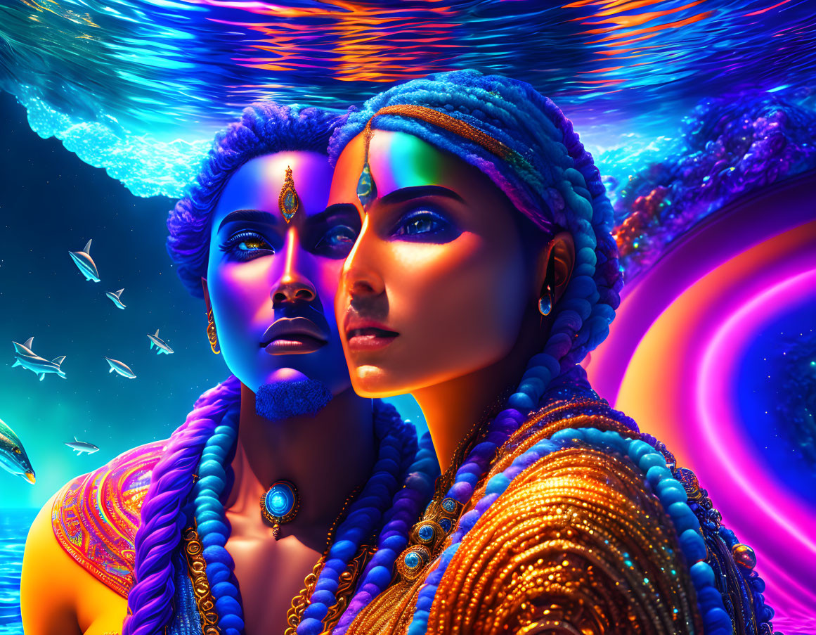 Vibrantly colored individuals in surreal cosmic setting with fish school