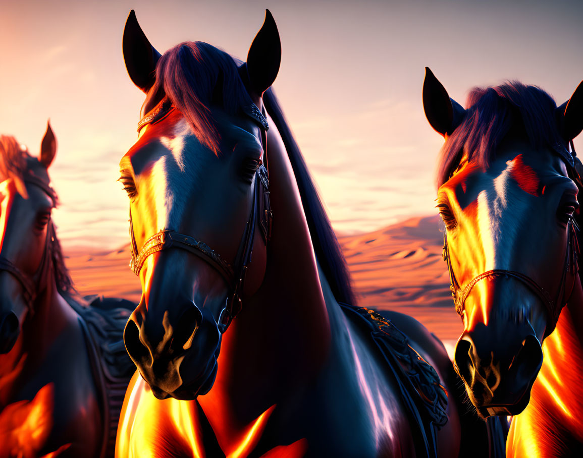 Backlit horses with bridles at sunset over desert dunes