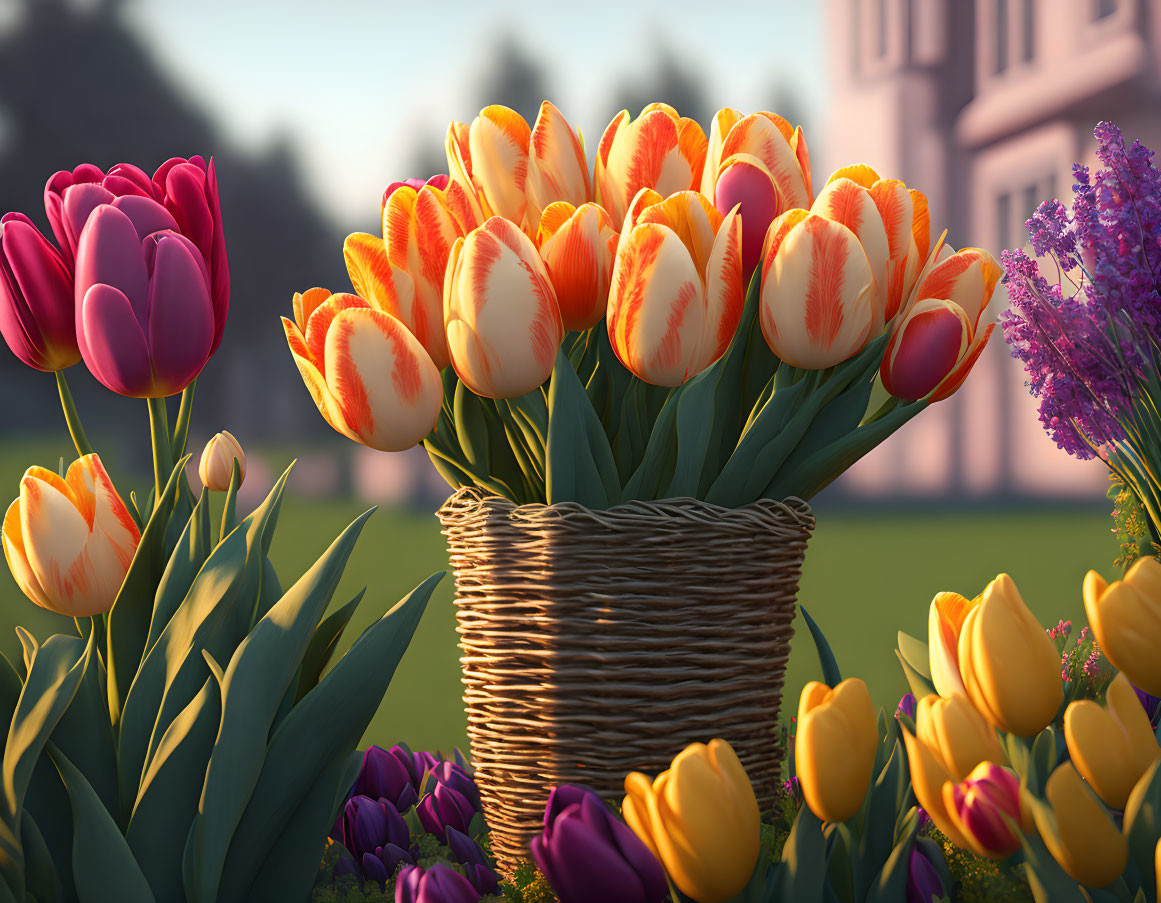 Colorful Tulip Bouquet in Wicker Basket with Serene Building Background