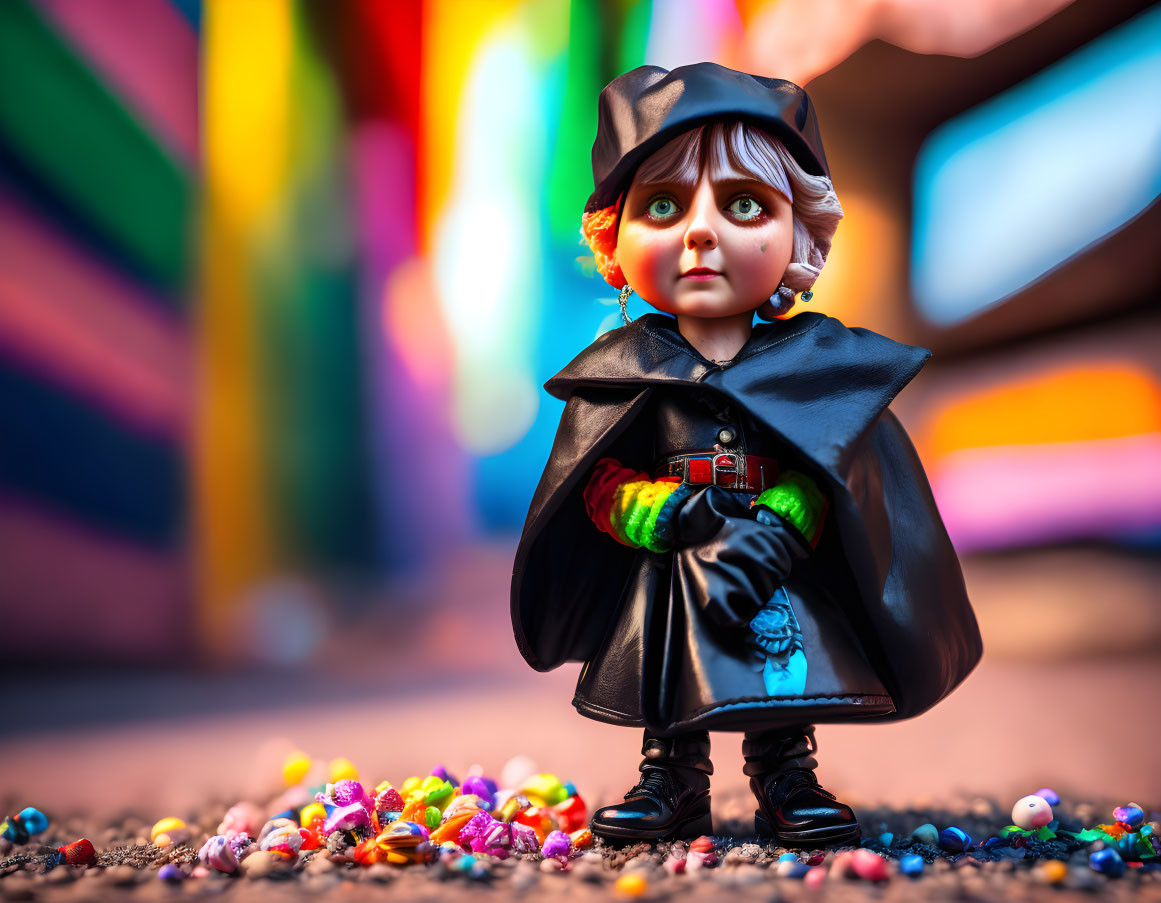 Colorful Halloween Witch Doll with Candy Scattered Around